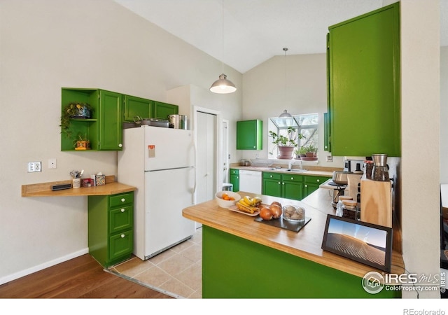 13755 W 65th Dr, Arvada, CO 80004 - kitchen featuring green cabinets, white appliances, high vaulted ceiling, open shelves, and pendant lighting