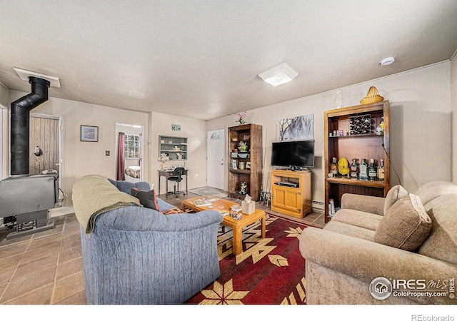 95 Eagle Tree Cir, Red Feather Lakes, CO 80545 - living room featuring a wood stove and a baseboard radiator