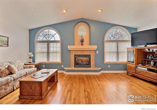 355 47th Ave Unit A, Greeley, CO 80634 - living area featuring a wealth of natural light, a fireplace, wood finished floors, and lofted ceiling