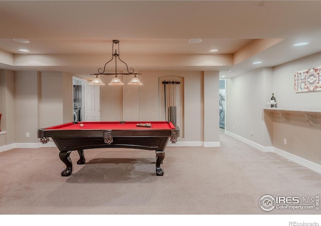 rec room featuring recessed lighting, baseboards, and light colored carpet