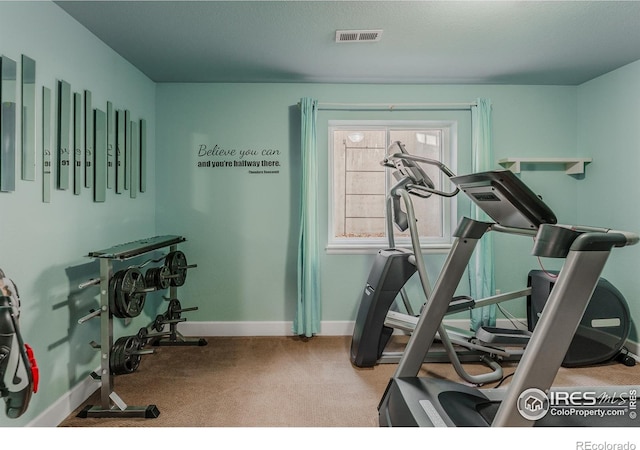 workout area featuring carpet flooring, baseboards, and visible vents