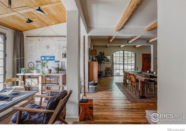 15789 N 83rd St, Longmont, CO 80503 - dining area with a wood ceiling with exposed beams and hardwood / wood-style floors
