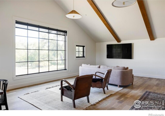 15789 N 83rd St, Longmont, CO 80503 - living room featuring beamed ceiling, wood finished floors, and high vaulted ceiling