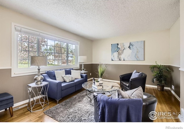1352 S Terry St, Longmont, CO 80501 - living room with baseboards, a textured ceiling, and wood finished floors