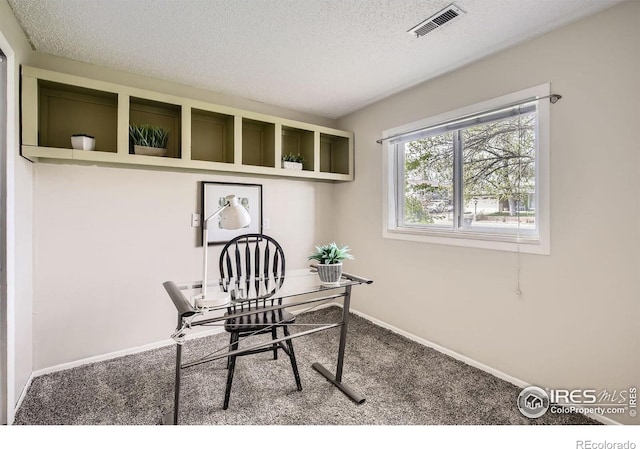 1352 S Terry St, Longmont, CO 80501 - office featuring baseboards, carpet, a textured ceiling, and visible vents