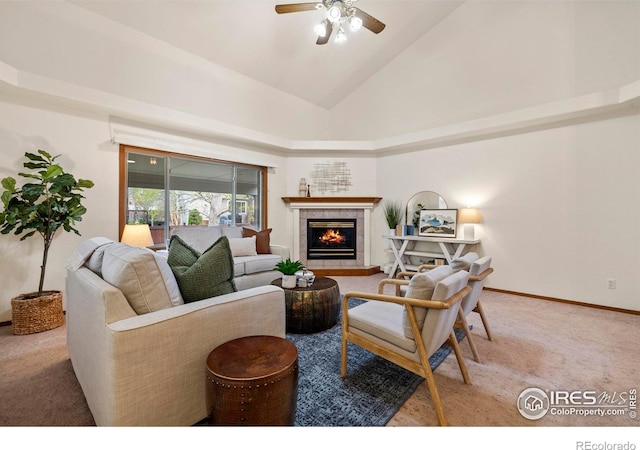 2476 Forsythia Dr, Loveland, CO 80537 - living room with carpet flooring, ceiling fan, high vaulted ceiling, and a fireplace