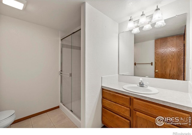 2476 Forsythia Dr, Loveland, CO 80537 - bathroom with vanity, tile patterned floors, a stall shower, and toilet
