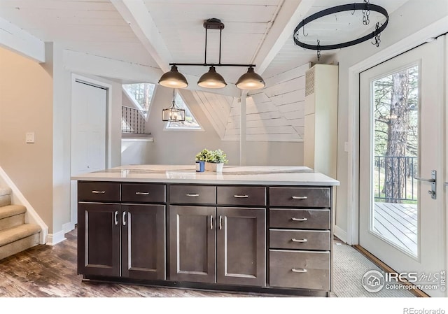 387 Millionaire Dr E, Boulder, CO 80302 - bar area with baseboards, dark wood-style floors, stairs, wooden ceiling, and pendant lighting