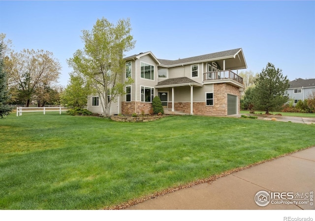 8355 Louden Circle Ft, Collins, CO 80528 - view of front of house with an attached garage, fence, a balcony, and stone siding