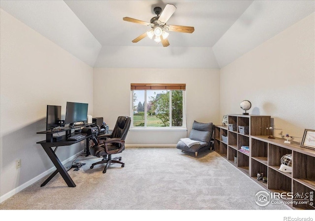 8355 Louden Circle Ft, Collins, CO 80528 - carpeted office with a ceiling fan, baseboards, and vaulted ceiling