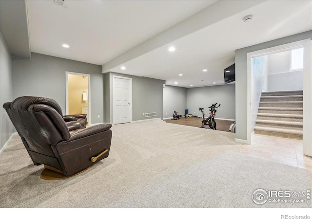 8355 Louden Circle Ft, Collins, CO 80528 - sitting room featuring carpet, recessed lighting, baseboards, visible vents, and stairway