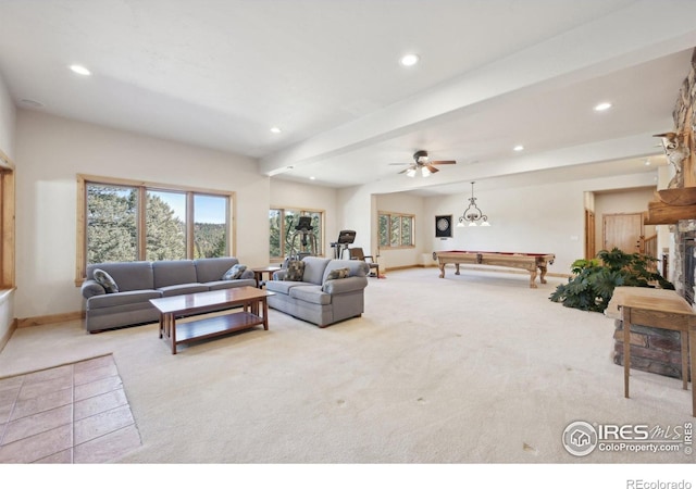 27921 Alabraska Ln, Evergreen, CO 80439 - carpeted living room featuring billiards table, recessed lighting, and ceiling fan