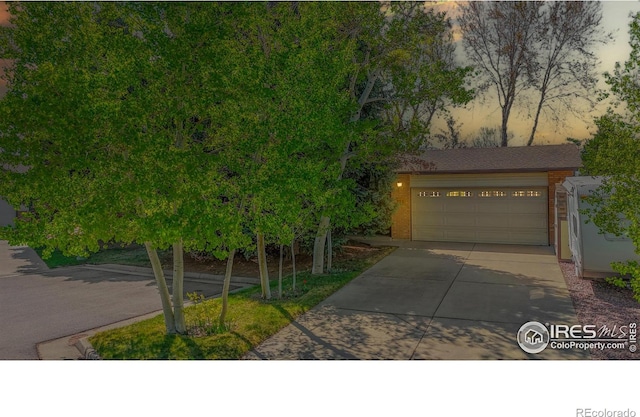 729 Jay Pl, Berthoud, CO 80513 - view of property hidden behind natural elements with concrete driveway and brick siding
