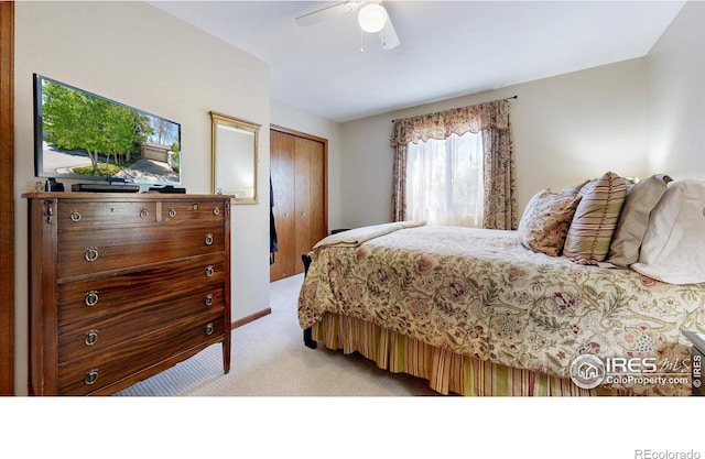 729 Jay Pl, Berthoud, CO 80513 - bedroom featuring a ceiling fan, a closet, and light colored carpet