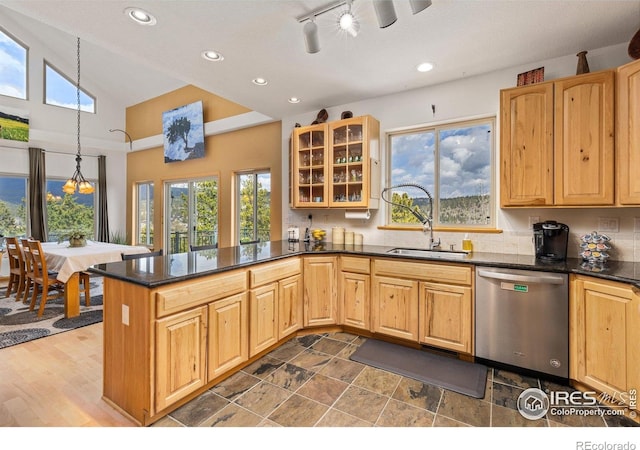 139 Ponderosa Dr, Nederland, CO 80466 - kitchen featuring dishwasher, a sink, a peninsula, glass insert cabinets, and plenty of natural light
