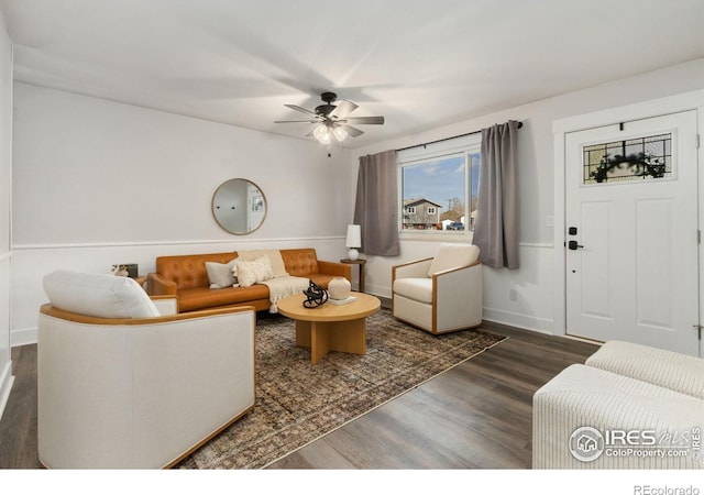 2139 Donna Ct, Loveland, CO 80537 - living room with dark wood-style flooring, a ceiling fan, and baseboards