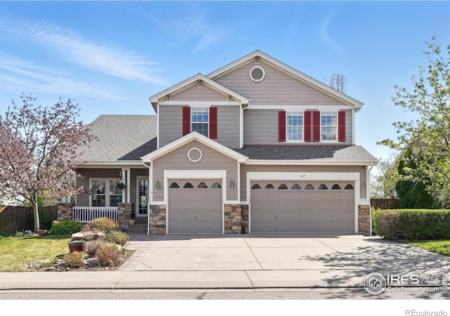 665 Glenarbor Cir, Longmont, CO 80504 - craftsman inspired home with a shingled roof, stone siding, a garage, covered porch, and driveway