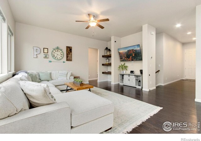 719 Wagon Bend Rd, Berthoud, CO 80513 - living room featuring recessed lighting, a ceiling fan, dark wood-style flooring, and baseboards