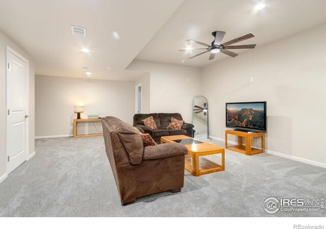 719 Wagon Bend Rd, Berthoud, CO 80513 - living room featuring baseboards, ceiling fan, carpet flooring, and visible vents