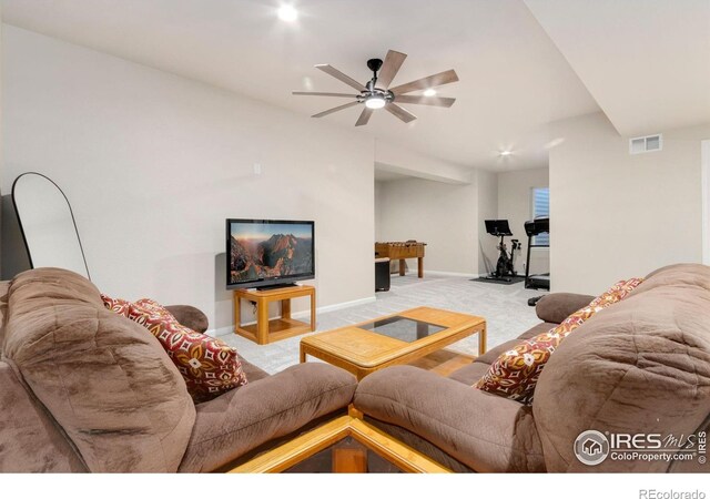 719 Wagon Bend Rd, Berthoud, CO 80513 - living area featuring baseboards, ceiling fan, light colored carpet, and visible vents