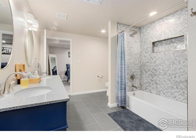 719 Wagon Bend Rd, Berthoud, CO 80513 - bathroom featuring a sink, shower / bath combo, toilet, tile patterned floors, and visible vents