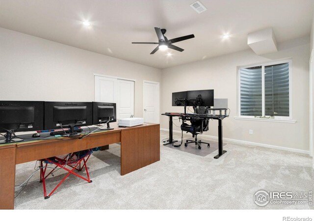 719 Wagon Bend Rd, Berthoud, CO 80513 - office featuring carpet floors, visible vents, baseboards, recessed lighting, and a ceiling fan