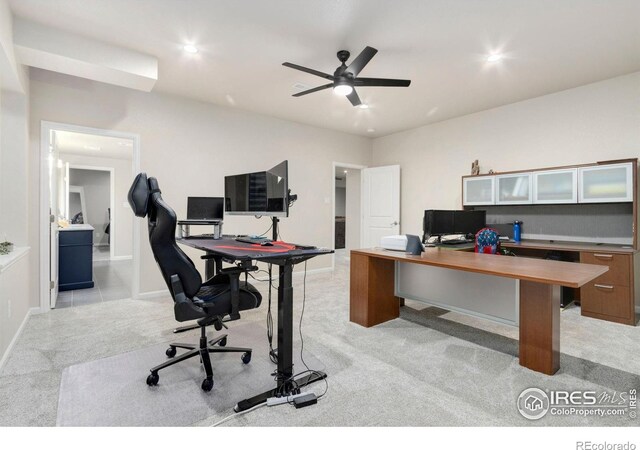 719 Wagon Bend Rd, Berthoud, CO 80513 - office area with baseboards, ceiling fan, light carpet, and recessed lighting