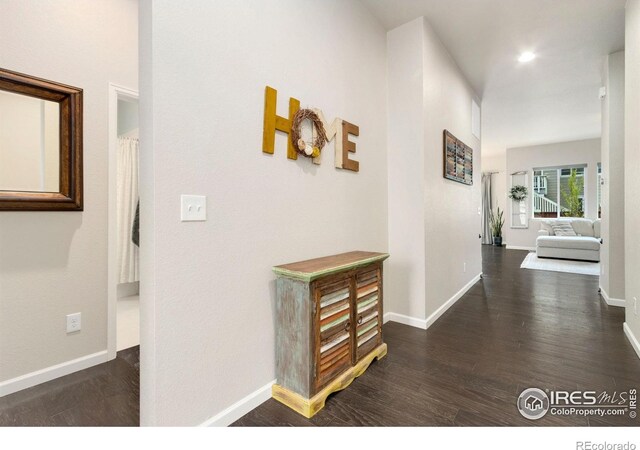 719 Wagon Bend Rd, Berthoud, CO 80513 - hall with recessed lighting, baseboards, and wood finished floors