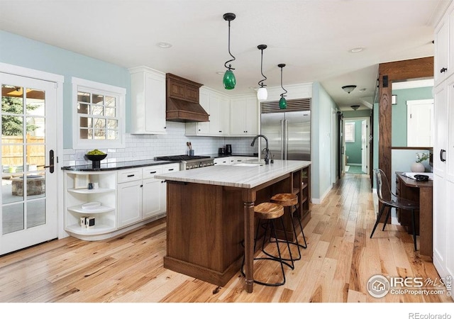 kitchen with light wood finished floors, stainless steel appliances, premium range hood, and open shelves
