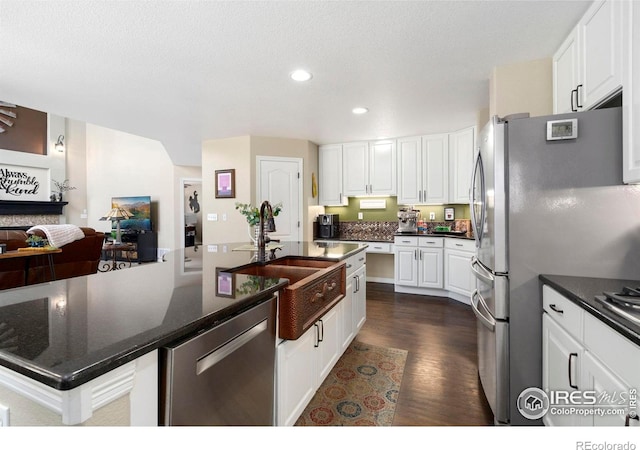 5442 Tiller Ct, Windsor, CO 80528 - kitchen featuring white cabinets, a sink, stainless steel appliances, recessed lighting, and dark wood-style floors
