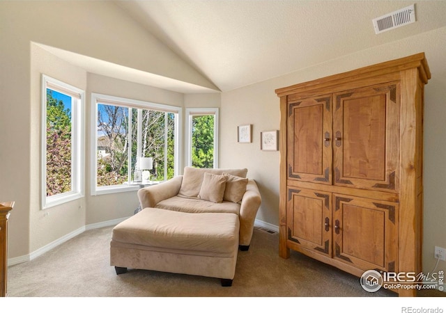 5442 Tiller Ct, Windsor, CO 80528 - living area with light colored carpet, baseboards, visible vents, and vaulted ceiling