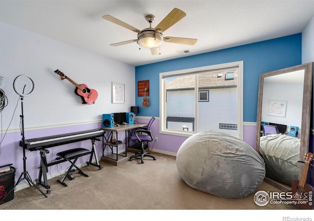 5442 Tiller Ct, Windsor, CO 80528 - carpeted home office with visible vents, baseboards, and ceiling fan