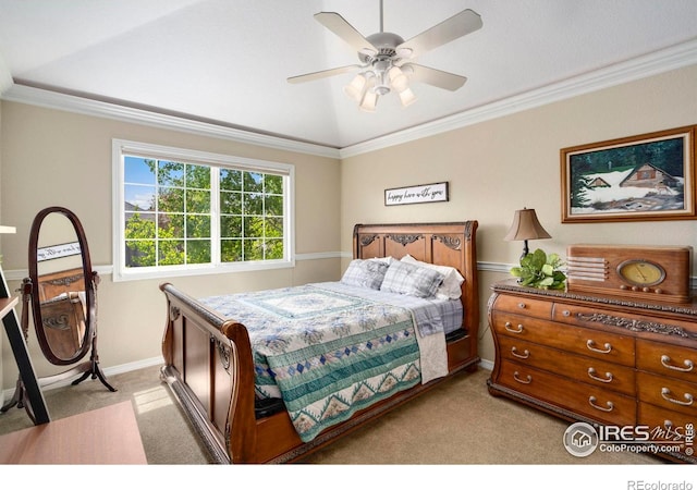 5442 Tiller Ct, Windsor, CO 80528 - bedroom featuring crown molding, light carpet, a ceiling fan, baseboards, and lofted ceiling