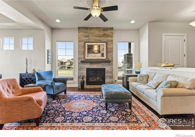 3558 Prickly Pear Dr, Loveland, CO 80537 - living area featuring ceiling fan, recessed lighting, a tile fireplace, and wood finished floors