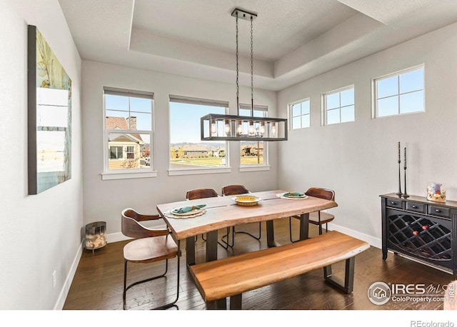 3558 Prickly Pear Dr, Loveland, CO 80537 - dining area featuring baseboards, a notable chandelier, dark wood-style floors, and a tray ceiling