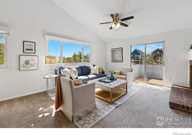 3812 Howe Ct, Boulder, CO 80301 - living room featuring ceiling fan, a textured ceiling, baseboards, carpet floors, and high vaulted ceiling