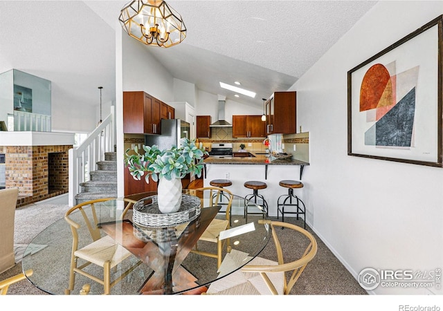 3812 Howe Ct, Boulder, CO 80301 - carpeted dining room featuring lofted ceiling, stairway, a chandelier, a sink, and a textured ceiling