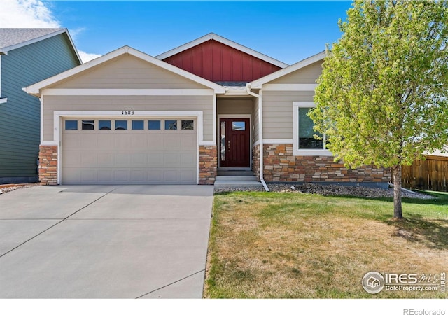1689 Maseca Plaza Way, Severance, CO 80550 - craftsman-style house with board and batten siding, a garage, a front lawn, concrete driveway, and stone siding