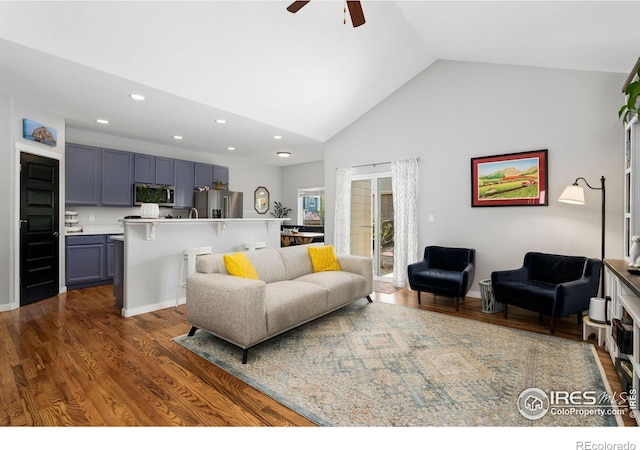 1689 Maseca Plaza Way, Severance, CO 80550 - living room with high vaulted ceiling, ceiling fan, recessed lighting, and dark wood-type flooring
