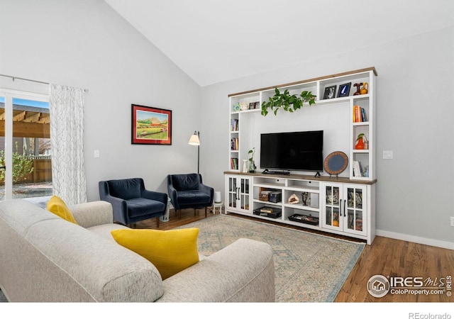 1689 Maseca Plaza Way, Severance, CO 80550 - living area with baseboards, wood finished floors, and high vaulted ceiling
