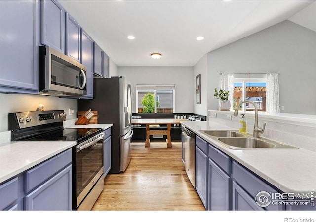 1689 Maseca Plaza Way, Severance, CO 80550 - kitchen with light countertops, a sink, light wood-style flooring, and stainless steel appliances