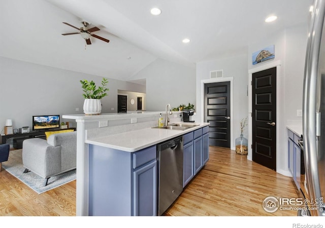 1689 Maseca Plaza Way, Severance, CO 80550 - kitchen with blue cabinets, visible vents, stainless steel dishwasher, a sink, and open floor plan