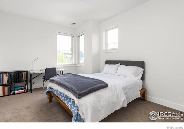 bedroom with carpet flooring, baseboards, and multiple windows
