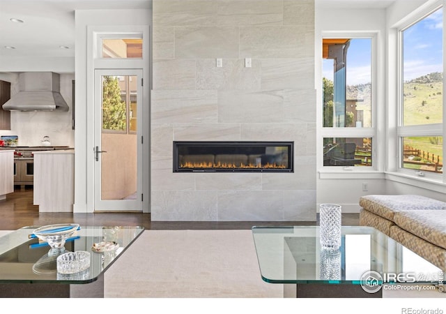 living area with dark wood finished floors, a fireplace, and recessed lighting