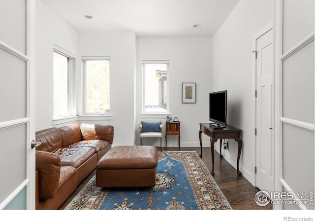 living room with baseboards and wood finished floors
