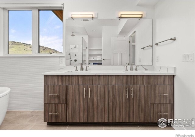 full bath featuring walk in shower, double vanity, and a sink