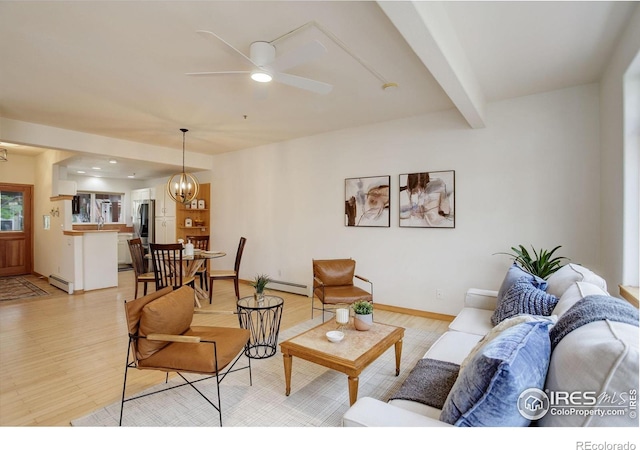 1460 Quince Ave Unit S102, Boulder, CO 80304 - living area featuring a baseboard radiator, light wood-type flooring, a ceiling fan, and a chandelier