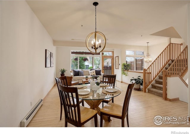 1460 Quince Ave Unit S102, Boulder, CO 80304 - dining area featuring a baseboard radiator, a chandelier, healthy amount of natural light, and light wood-style flooring