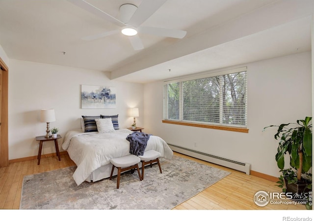 1460 Quince Ave Unit S102, Boulder, CO 80304 - bedroom featuring a baseboard radiator, hardwood / wood-style floors, baseboards, and a ceiling fan
