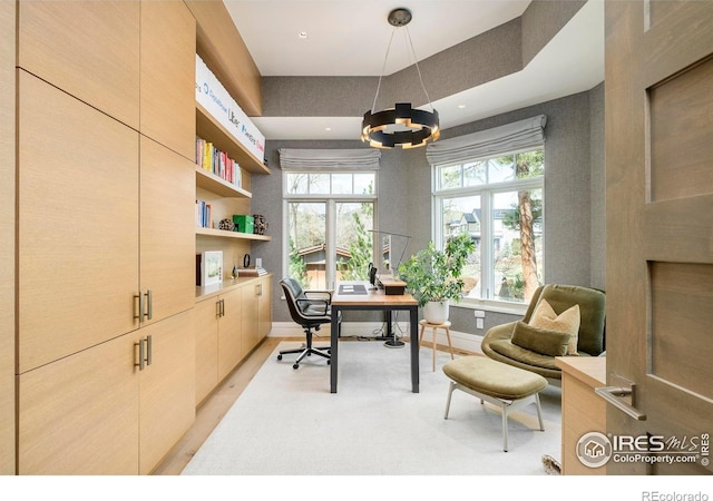 2158 Tamarack Ave, Boulder, CO 80304 - home office with baseboards, light carpet, recessed lighting, and a chandelier